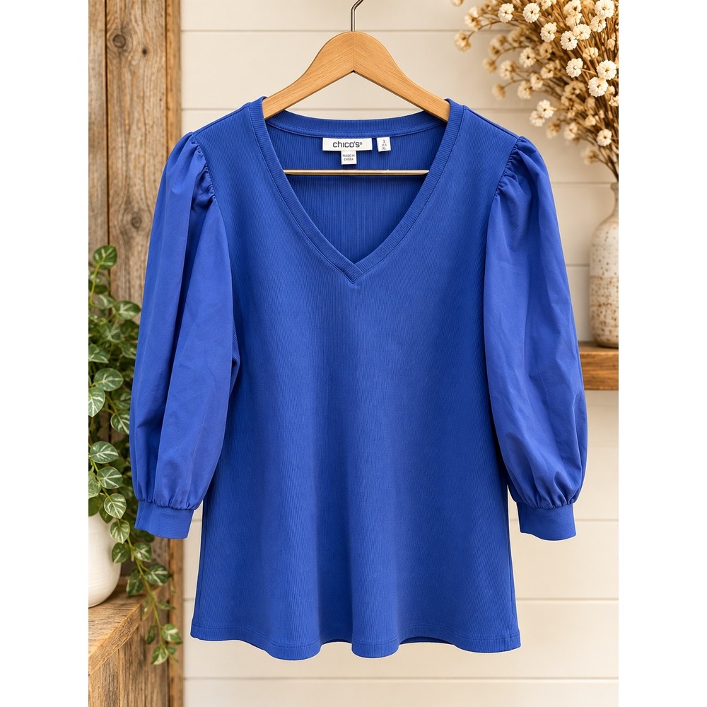 Chicos Blue Ribbed Mixed Media Puff Sleeve V-Neck Top Size 3 XL
